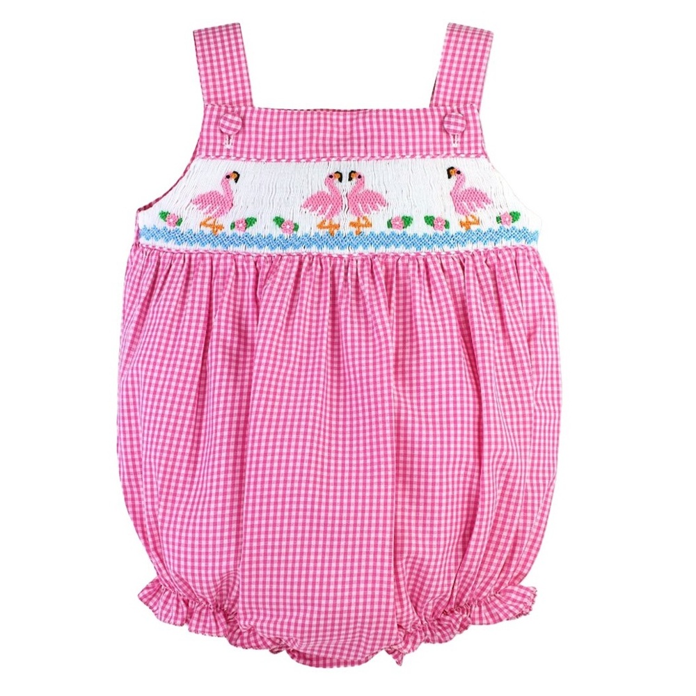 Pink Gingham Flamingo Smocked Baby Bubble Romper